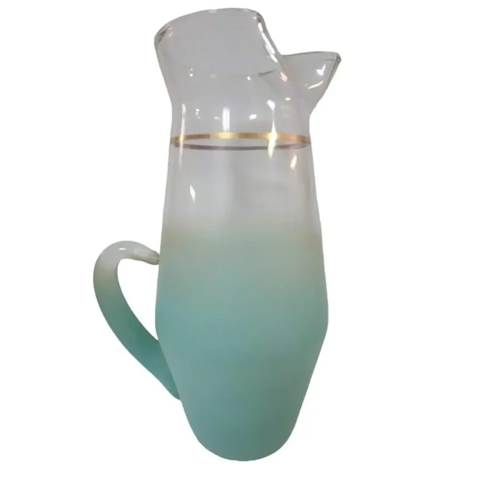 Vintage 1950's Teal Color Frosted Blendo Glass Pitcher With Gold Rim 11.75
